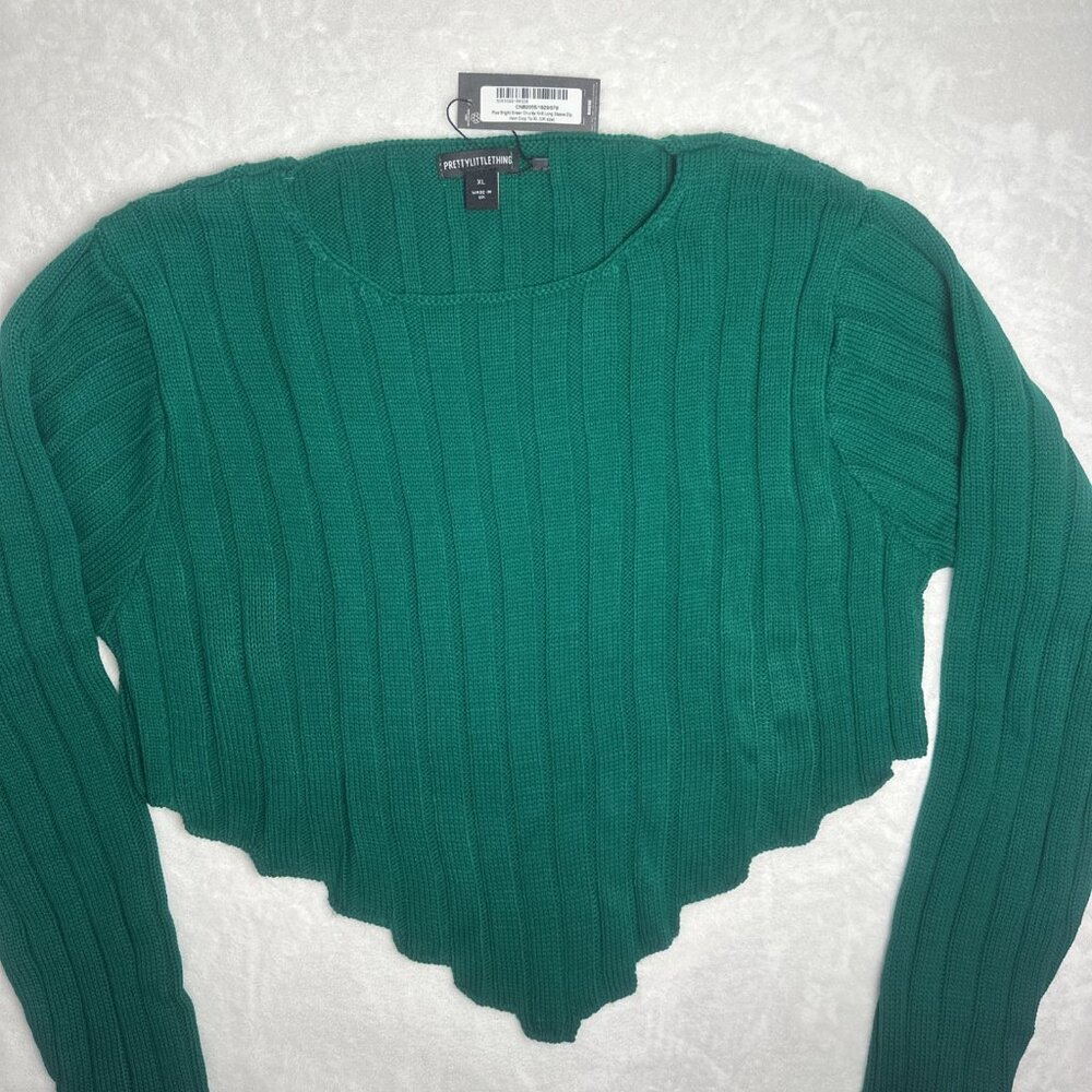 NWT~Pretty Little Thing  Sz XL Cropped Cable Knit Dip Hem Sweater KELLY GREEN - Picture 8 of 16